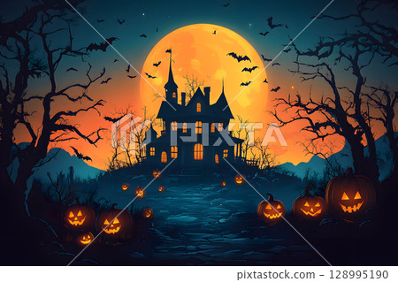 Spooky Halloween poster with haunted house, bats, and pumpkin lanterns in orange-black color tone. Perfect for ready-to-use party invitations, ads, or social posts. Spooky Halloween poster with haunted house, bats, and pumpkin lanterns in orange-black color tone. Perfect for ready-to-use party invitations, ads, or social posts. 128995190