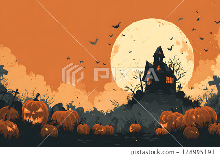Spooky Halloween poster with haunted house, bats, and pumpkin lanterns in orange-black color tone. Perfect for ready-to-use party invitations, ads, or social posts. 128995191