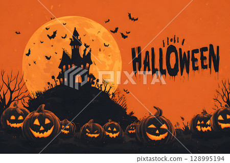 Spooky Halloween poster with haunted house, bats, and pumpkin lanterns in orange-black color tone. Perfect for ready-to-use party invitations, ads, or social posts. 128995194
