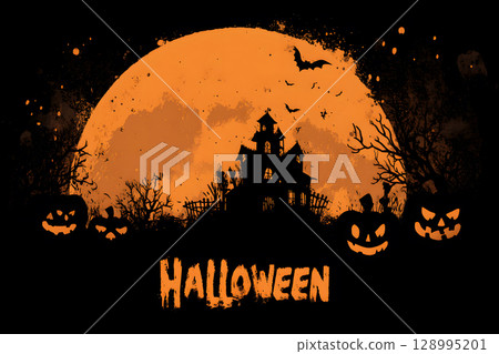 Spooky Halloween poster with haunted house, bats, and pumpkin lanterns in orange-black color tone. Perfect for ready-to-use party invitations, ads, or social posts. 128995201