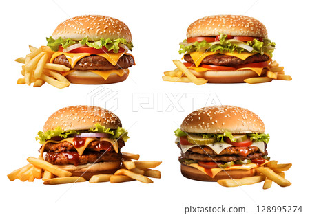 Set of single and double burger with french fries chips on transparent background cutout, PNG file. Many assorted different Mockup template for artwork design 128995274