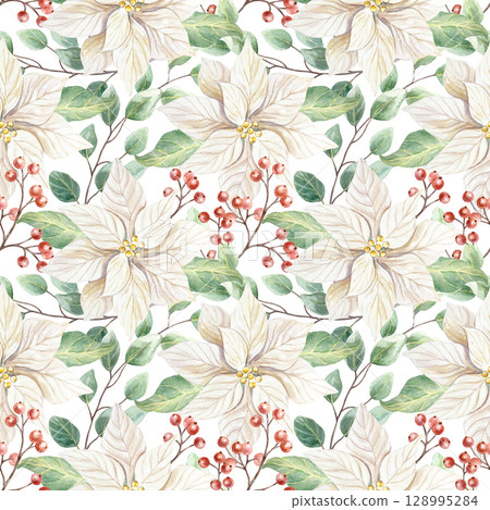 Christmas seamless pattern with white poinsettia flowers, green eucalyptus branches, red berries watercolor isolated illustration. Hand drawn pastel botanical New Year clip art in scandinavian style. Christmas seamless pattern with white poinsettia flowers, green eucalyptus branches, red berries watercolor isolated illustration. Hand drawn pastel botanical New Year clip art in scandinavian style. 128995284