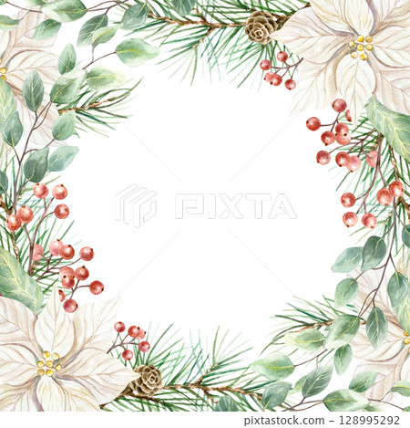 Christmas frame with fir branches, eucalyptus, white poinsettia flowers, pine cones, a sprig of red berries watercolor illustration isolated. Hand drawn pastel botanical New Year clip art. Christmas frame with fir branches, eucalyptus, white poinsettia flowers, pine cones, a sprig of red berries watercolor illustration isolated. Hand drawn pastel botanical New Year clip art. 128995292