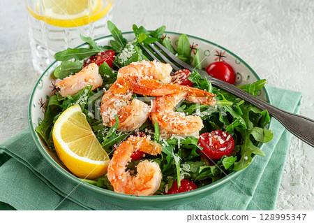 Shrimp salad with arugula and cherry tomatoes, with parmesan cheese, healthy food, Shrimp salad with arugula and cherry tomatoes, with parmesan cheese, healthy food, 128995347