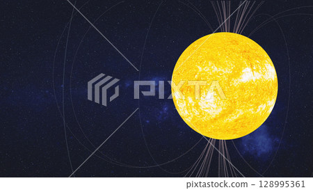 A bright yellow star, interpreted as the Sun, dominates the scene against a space background filled with stars. Magnetic field lines or solar flares radiate outward from its surface, conveying intense A bright yellow star, interpreted as the Sun, dominates the scene against a space background filled with stars. Magnetic field lines or solar flares radiate outward from its surface, conveying intense 128995361