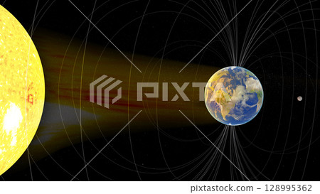 The Sun emits solar wind in yellow-red streams toward Earth, which is shown surrounded by its magnetic field lines. This visualization highlights the role of Earth's magnetosphere in deflecting solar The Sun emits solar wind in yellow-red streams toward Earth, which is shown surrounded by its magnetic field lines. This visualization highlights the role of Earth's magnetosphere in deflecting solar 128995362