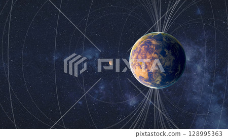 The Earth planet features, including landmasses and cloud formations, appears in space. A smaller moon orbits nearby. 128995363