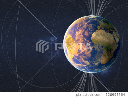 The Earth planet features, including landmasses and cloud formations, appears in space. A smaller moon orbits nearby. The Earth planet features, including landmasses and cloud formations, appears in space. A smaller moon orbits nearby. 128995364