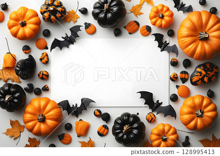 Halloween mockup with a blank greeting card, pumpkins, bats, and candy on white background. Perfect for holiday messages and graphic design. 128995413