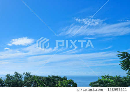 Flowing cirrus clouds in the summer sky - Looking out over the horizon of Sagami Bay from Shonandai - Flowing cirrus clouds in the summer sky - Looking out over the horizon of Sagami Bay from Shonandai - 128995811