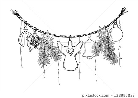 Christmas garland with angel, bells and pine branches hanging on rope vector illustration in linear minimalist monochrome style. Etching drawing of natural handmade rustic toys for winter decor. Christmas garland with angel, bells and pine branches hanging on rope vector illustration in linear minimalist monochrome style. Etching drawing of natural handmade rustic toys for winter decor. 128995852