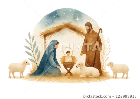 Watercolor nativity scene with Mary Joseph and baby Jesus isolated in stable with lambs 128995913