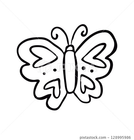 Simple Black and White Butterfly Illustration with Heart Decorated Wings Simple Black and White Butterfly Illustration with Heart Decorated Wings 128995986