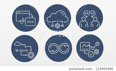 DevOps icons set illustration. Development operations process methodology strategy. Software engineering cloud automation communication. Line art design blue circle vector 128995996