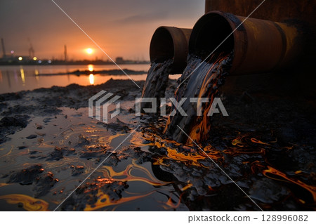 Toxic liquid waste from factory drain polluting natural river, environmental crisis visualization 128996082