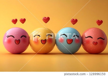 A cheerful illustration of colorful, smiling spheres with hearts above them, symbolizing happiness and friendship against a bright orange background. 128996150