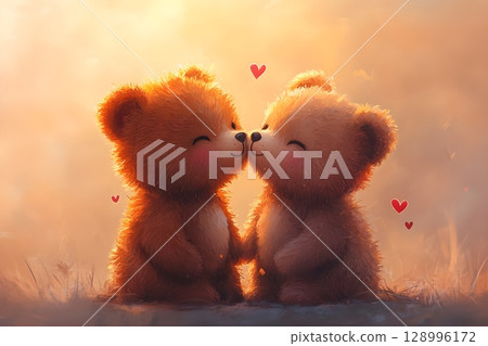 Illustration of two cute teddy bears gently touching noses surrounded by floating hearts, capturing a moment of affection against a soft, warm background. Perfect for themes of love and tenderness. 128996172