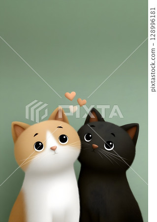 Adorable 3D illustration of a ginger and black kitten with big eyes, looking up lovingly with hearts above. Ideal for themes of friendship, affection, and cute animal art. 128996181
