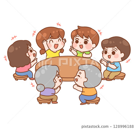 Illustration of a family discussing around a table Illustration of a family discussing around a table 128996188