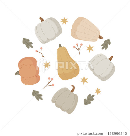 Pumpkin round composition with leaves and berries 128996240