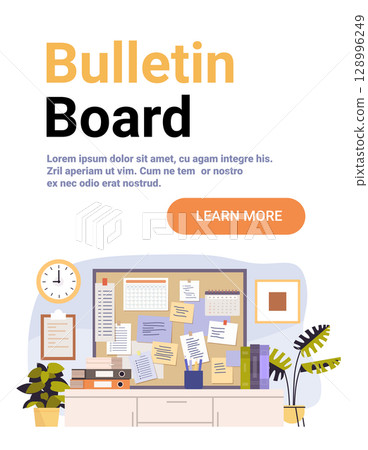 Bulletin board school classroom organization workspace with notes documents calendar clock books plants modern flat banner Bulletin board school classroom organization workspace with notes documents calendar clock books plants modern flat banner 128996249