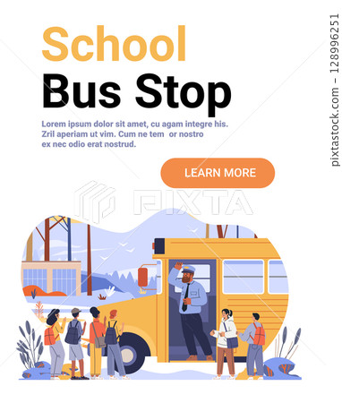 School bus stop children waiting boarding yellow vehicle driver outdoor backpacks autumn landscape web banner 128996251