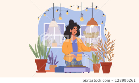 Woman indoor gardening houseplants terrarium care cozy home scene string lights potted plants modern interior flat design Woman indoor gardening houseplants terrarium care cozy home scene string lights potted plants modern interior flat design 128996261