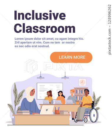 Inclusive classroom diverse students learning teacher desk wheelchair collaborative education laptops books modern school interior website banner 128996262