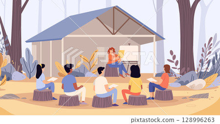 Outdoor classroom teacher students learning nature lesson group sitting on tree stumps forest background modern education concept website banner Outdoor classroom teacher students learning nature lesson group sitting on tree stumps forest background modern education concept website banner 128996263