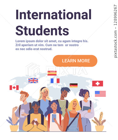 International students multicultural group world map diverse young people with backpacks and smartphones national flags decorative plants website banner 128996267