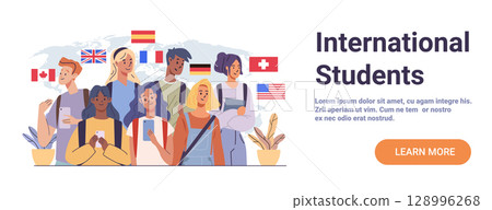 International students diverse group multicultural young people holding books backpacks smartphones world map national flags website banner 128996268