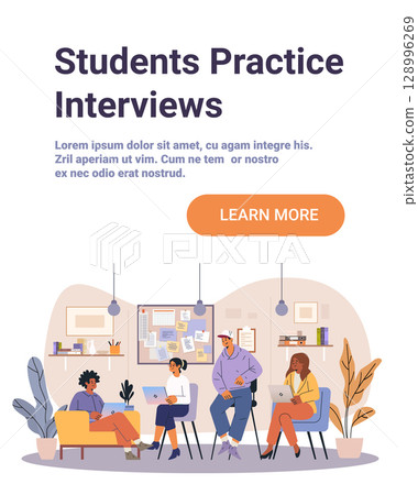 Students practice interviews group discussion teamwork classroom setting diverse young people seated with laptops modern interior plants notice board website banner 128996269