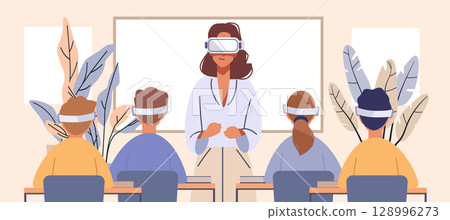 Students classroom virtual reality teacher modern education technology learning people sitting at desks plants background interactive lesson 128996273