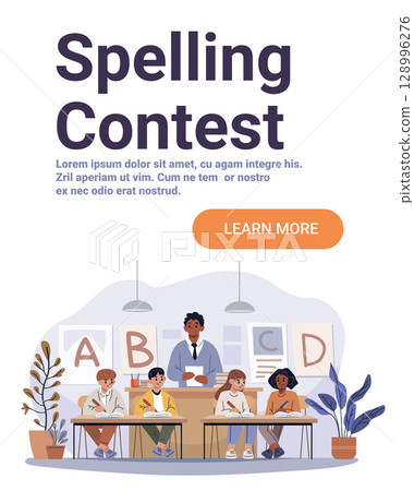 Spelling contest classroom teacher students writing desks educational activity learning plants books posters modern website banner 128996276