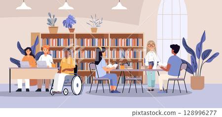 Students studying library back to school diversity group reading books laptops teamwork bookshelves plants modern interior academic learning 128996277