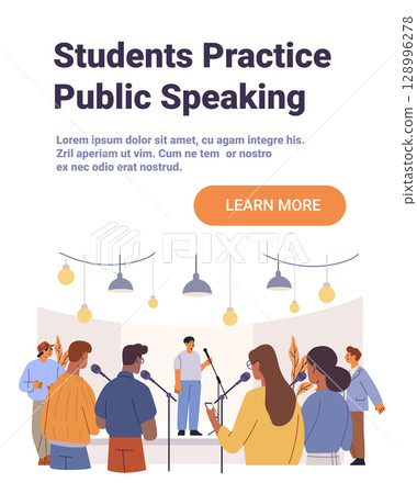 Students public speaking stage presentation group audience microphones modern classroom interior lights learning activity website banner 128996278