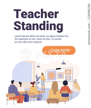 Teacher standing classroom students learning modern school interior desks whiteboard educational concept flat design 128996280