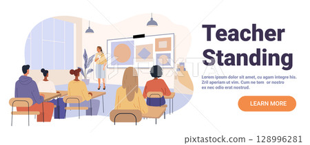 Teacher classroom presentation students listening educational lesson modern classroom interior desks windows charts diverse people learning 128996281
