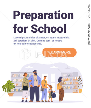 Family preparing for school shopping bookstore parents children backpacks indoor plants bookshelves modern landing page 128996282