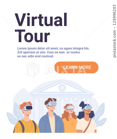 Students virtual reality school tour diverse young people wearing VR headsets standing in front of classical building digital learning concept landing page 128996283