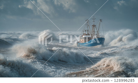 Fishing boat battles towering waves in turbulent ocean 128996285