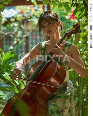 森林裡拿著大提琴的日本年輕女子 128996305