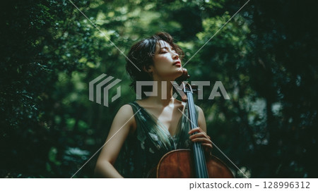 Young Japanese woman holding a cello in the forest 128996312