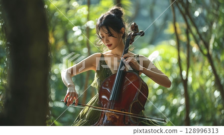 Young Japanese woman holding a cello in the forest 128996313
