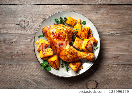 Roasted chicken quarter and pumpkin with garlic and herbs Roasted chicken quarter and pumpkin with garlic and herbs 128996329