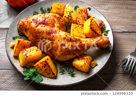 Oven roasted chicken quarter and pumpkin 128996330