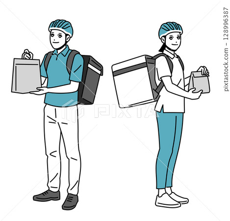 Male and female delivery staff carrying luggage 128996387