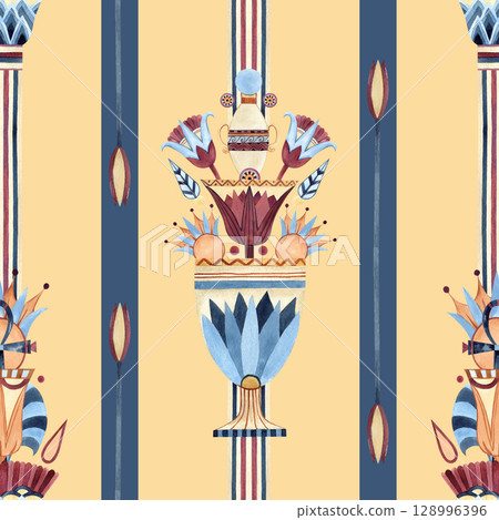 Egyptian ornament sacred lotus, ancient column vase seamless pattern. Ethnic symbols. Watercolor colorful illustration isolated on yellow background. For souvenir products, textile, wallpaper 128996396