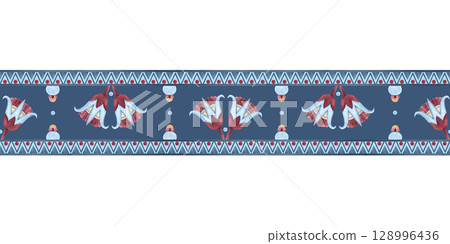 Arab ornaments seamless border sacred lotus shaped. Ancient ethnic patterns, symbols. Abstract watercolor illustration isolated on dark blue background. Egyptian, Persian, Turkish culture for frame Arab ornaments seamless border sacred lotus shaped. Ancient ethnic patterns, symbols. Abstract watercolor illustration isolated on dark blue background. Egyptian, Persian, Turkish culture for frame 128996436