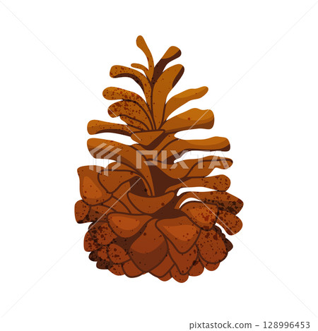 Pine cone isolated icon. Vector evergreen seed for Christmas tree decoration or holiday ornament. Nature element or conifer foliage clipart. Winter forest and autumn wood wildlife. Botany and biology. Pine cone isolated icon. Vector evergreen seed for Christmas tree decoration or holiday ornament. Nature element or conifer foliage clipart. Winter forest and autumn wood wildlife. Botany and biology. 128996453